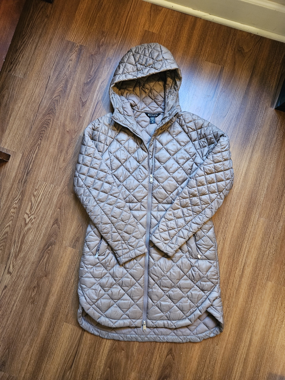 Athleta Quilted Hooded Long Puffer Jacket in Taupe